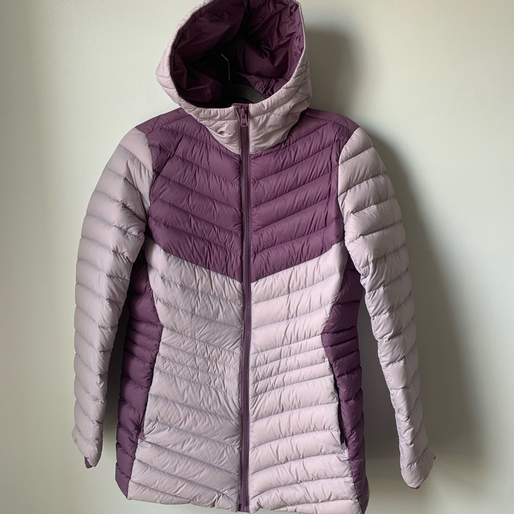 Lands End Purple Full Zip Down Puffer Jacket Coat Lightweight Packable Hood 2/4